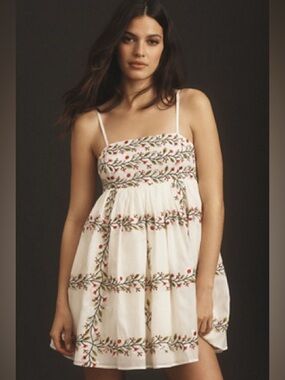 Samant chauhan Cream Embroidered Spaghetti-Strap Mini Dress Size M Viscose cott